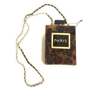Paris Perfume Acrylic Box Purse Leopard Print with gold chain